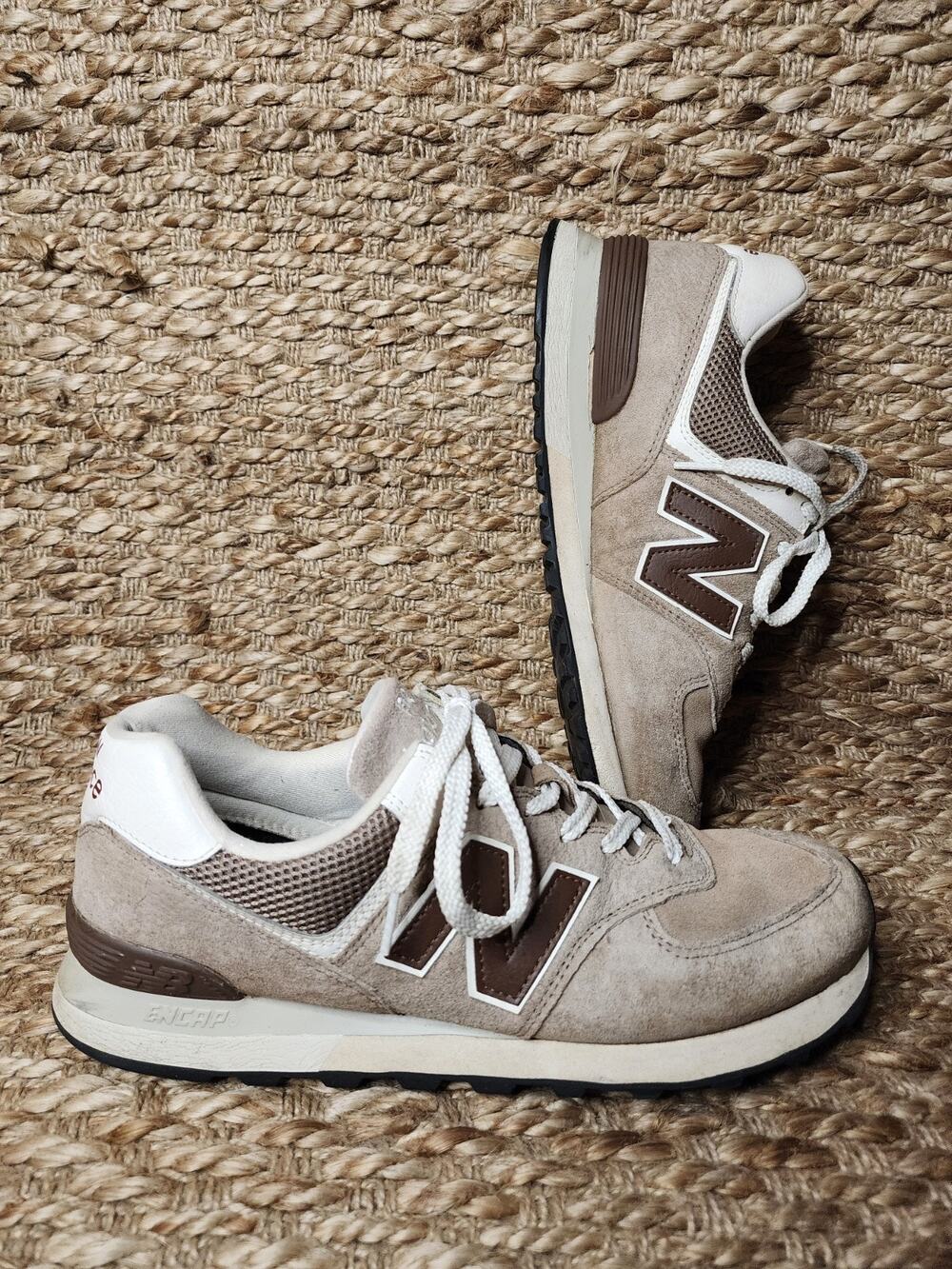 New Balance-574 Suede Tan Beige Sneakers Men's Size 10 Athletic Casual Shoes